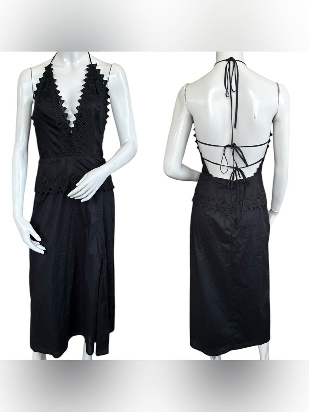 Vix “Tara” Black Plunge Neck Open Strappy Back Side Slit Cotton MIDI Dress Small - Picture 2 of 11